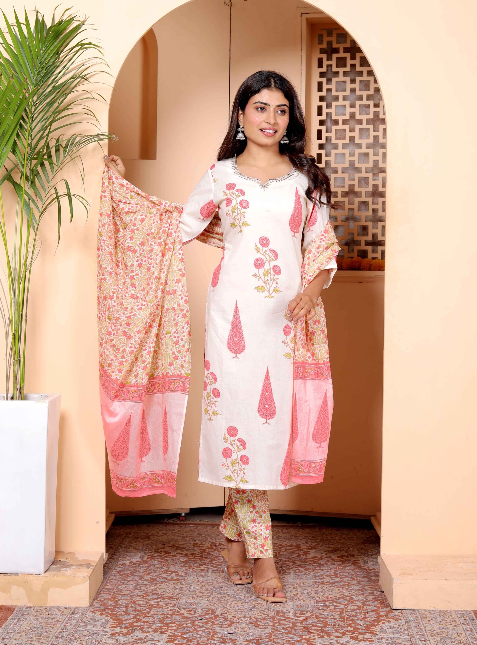 White & Pink Hand Block Printed Cotton Suit Set Ethnic Ensemble
